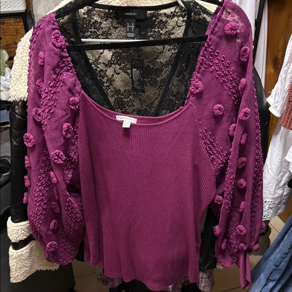 Purple Textured Sweater with Lace Detail